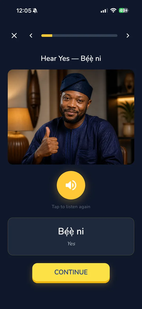 Lesson screen: Bẹ́ẹ̀ ni (yes)