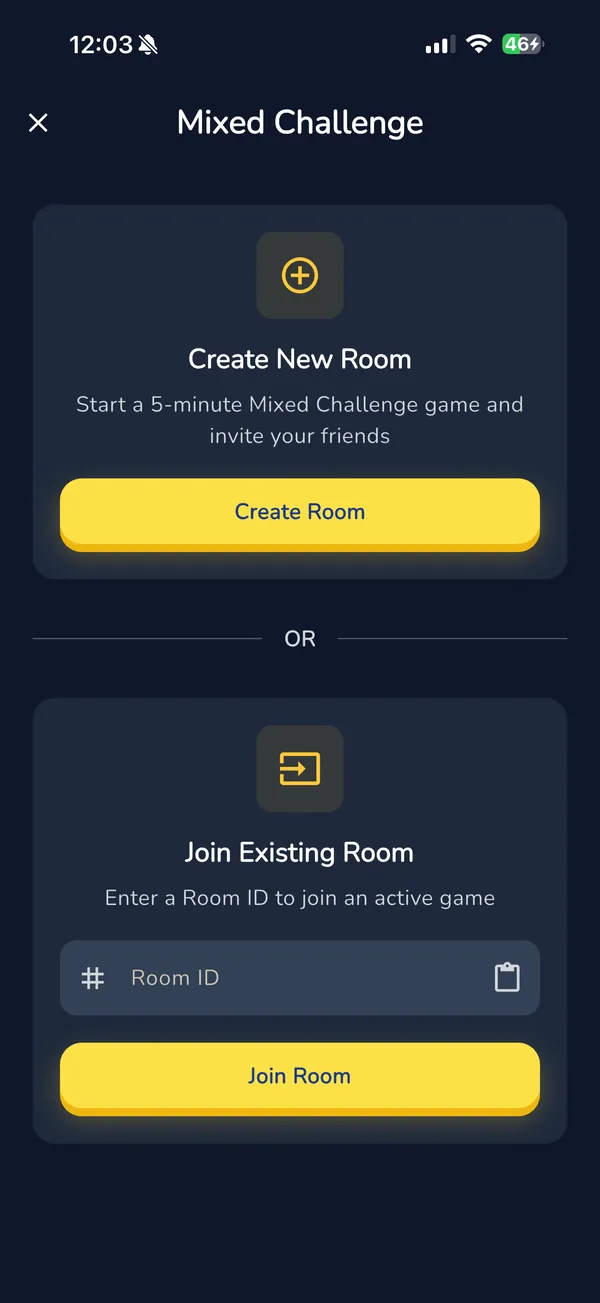 Multiplayer screen: create or join a room